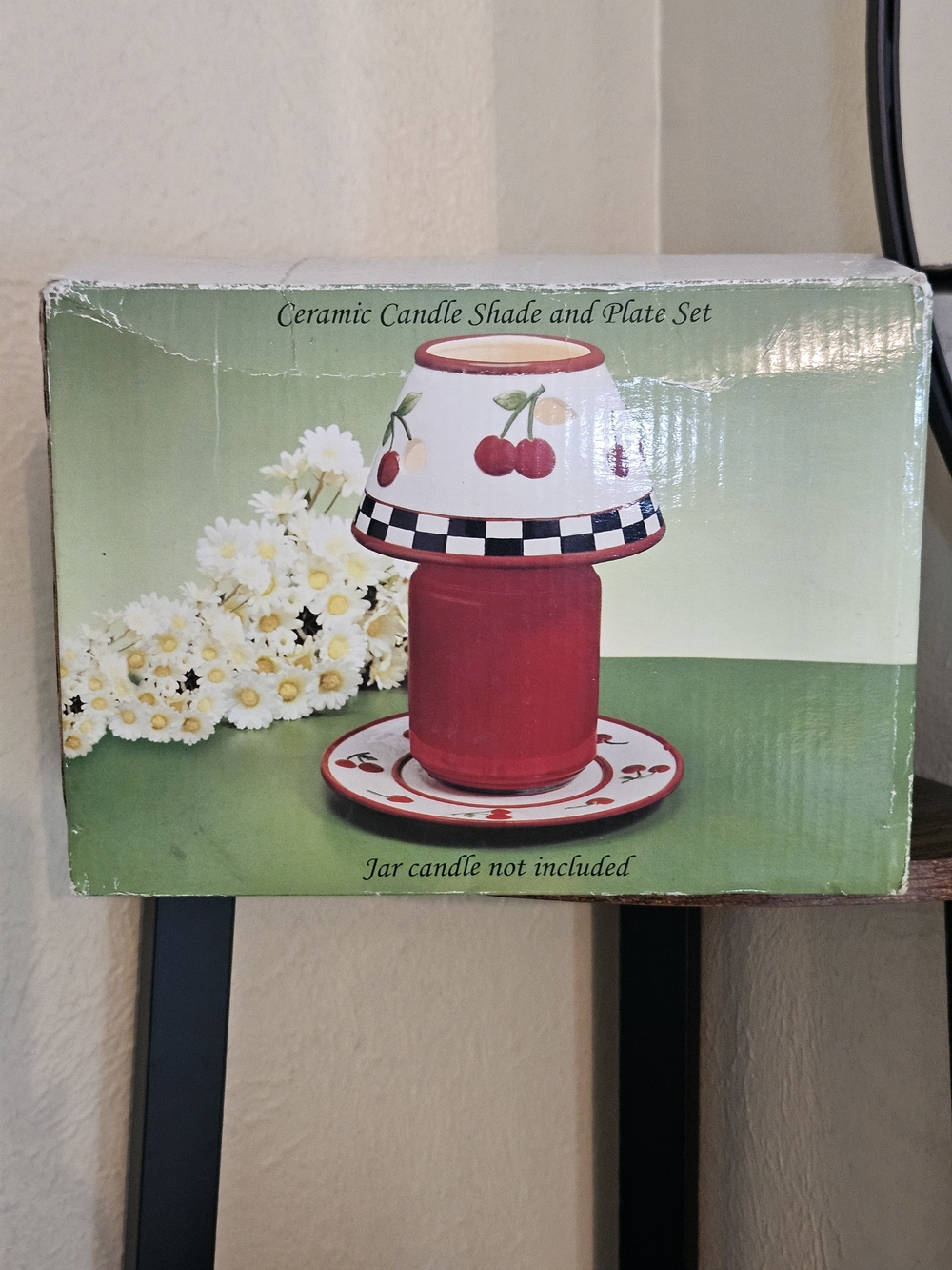 NEW Ceramic Checkered And Cherry Candle Shade and Plate Set - Red